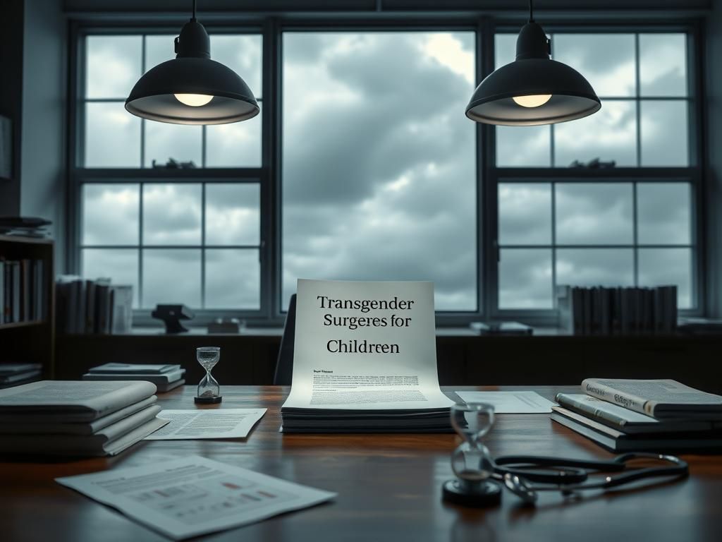 Flick International A detailed report on transgender surgeries for children placed on a wooden desk in a medical office