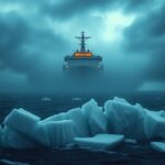 Flick International Large icebreaker ship emerging from fog over a turbulent sea