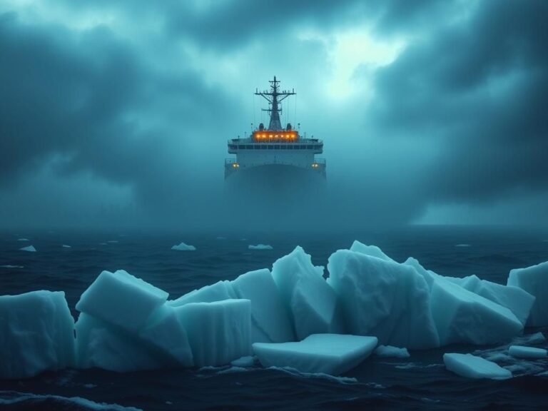 Flick International Large icebreaker ship emerging from fog over a turbulent sea
