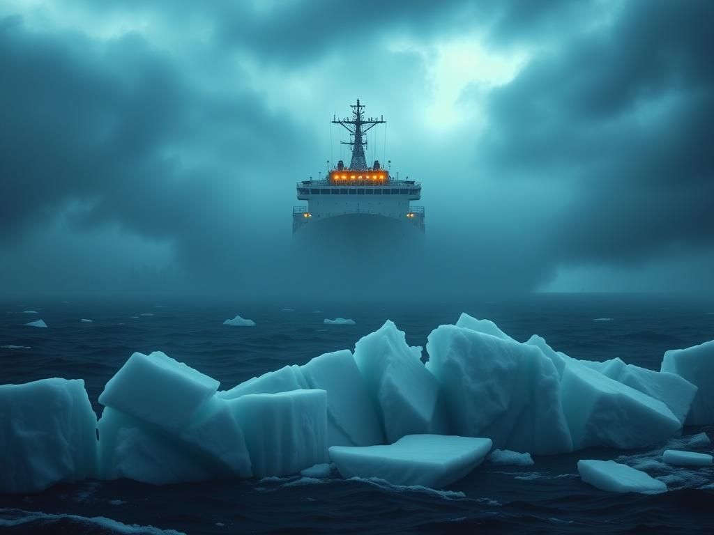 Flick International Large icebreaker ship emerging from fog over a turbulent sea
