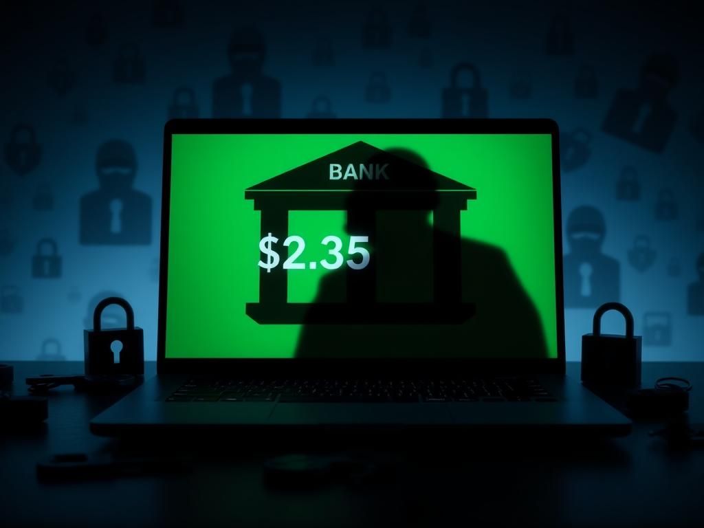 Flick International A bank's digital interface showing a normal bank balance with shadowy hacker symbols in the background.