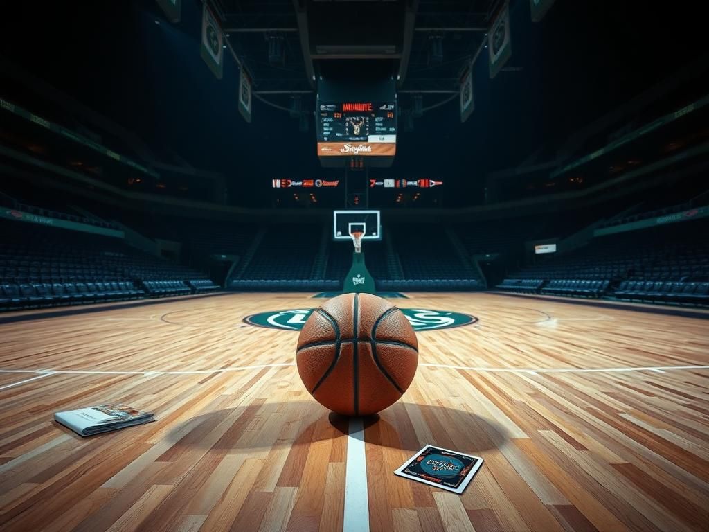 Flick International A dramatic, empty basketball court featuring a worn-out basketball at center court