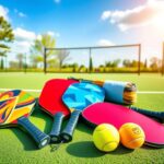Flick International Colorful pickleball paddles and balls arranged on a vibrant court