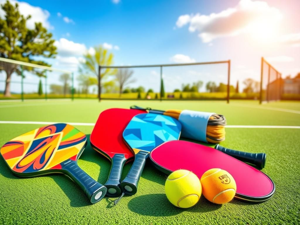 Flick International Colorful pickleball paddles and balls arranged on a vibrant court