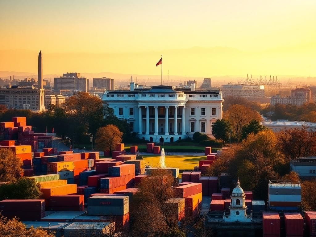 Flick International Cityscape of Washington, D.C. with the White House and representations of international trade