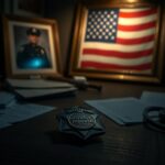 Flick International Dimly lit police badge on a wooden desk surrounded by a framed photograph and papers