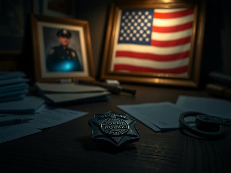 Flick International Dimly lit police badge on a wooden desk surrounded by a framed photograph and papers