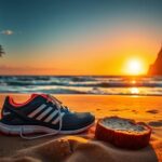 Flick International A serene beach landscape at sunrise with running shoes on sand symbolizing fitness journey