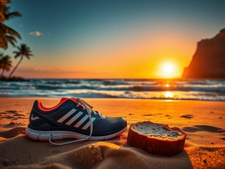 Flick International A serene beach landscape at sunrise with running shoes on sand symbolizing fitness journey