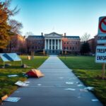 Flick International Empty university pathways with remnants of protest encampments