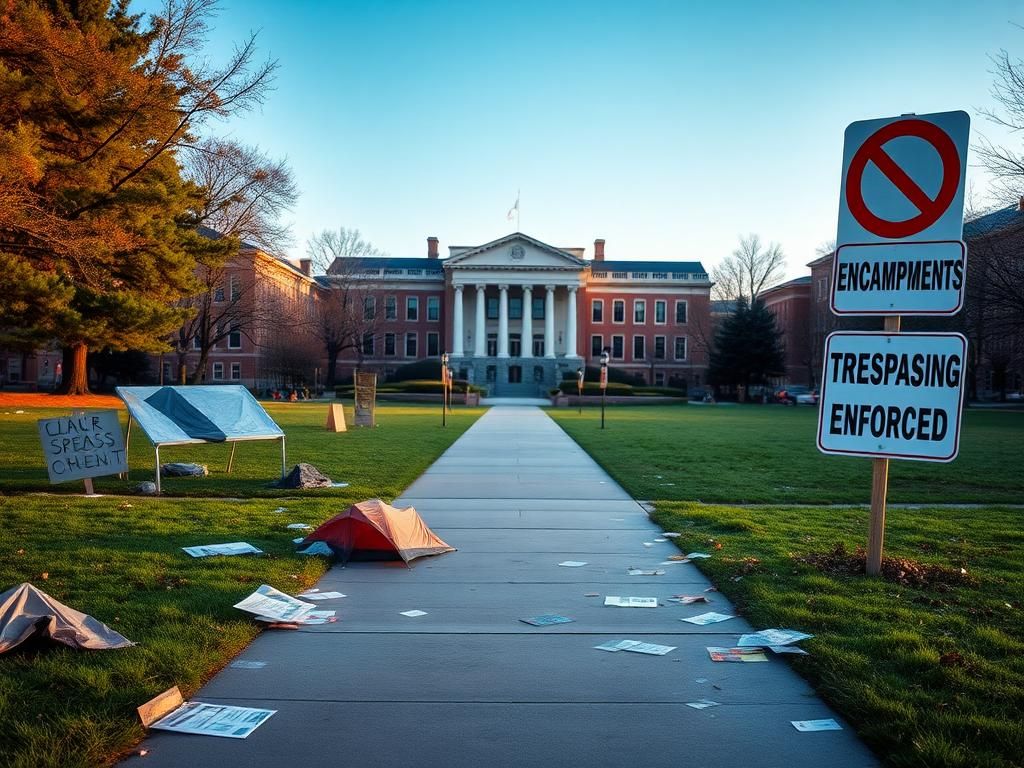 Flick International Empty university pathways with remnants of protest encampments