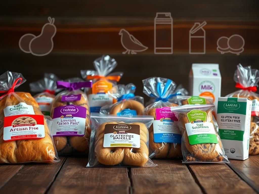 Flick International Close-up view of gluten-free baked goods in vacuum-sealed bags with allergen warnings