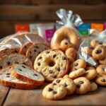 Flick International A serene still life of various gluten-free baked goods on a rustic wooden table