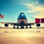 Flick International Majestic Boeing 747-8 aircraft on the runway with flags of the United States and Qatar