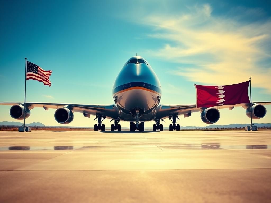 Flick International Majestic Boeing 747-8 aircraft on the runway with flags of the United States and Qatar
