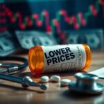 Flick International Close-up of a prescription pill bottle with a 'Lower Prices' tag on a wooden table