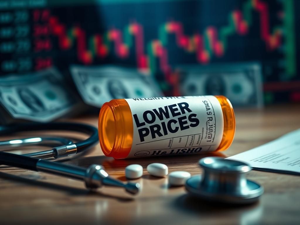 Flick International Close-up of a prescription pill bottle with a 'Lower Prices' tag on a wooden table
