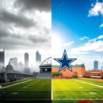 Flick International A split scene depicting the contrasting skylines of Pittsburgh and Dallas, symbolizing the rivalry between the Steelers and Cowboys.