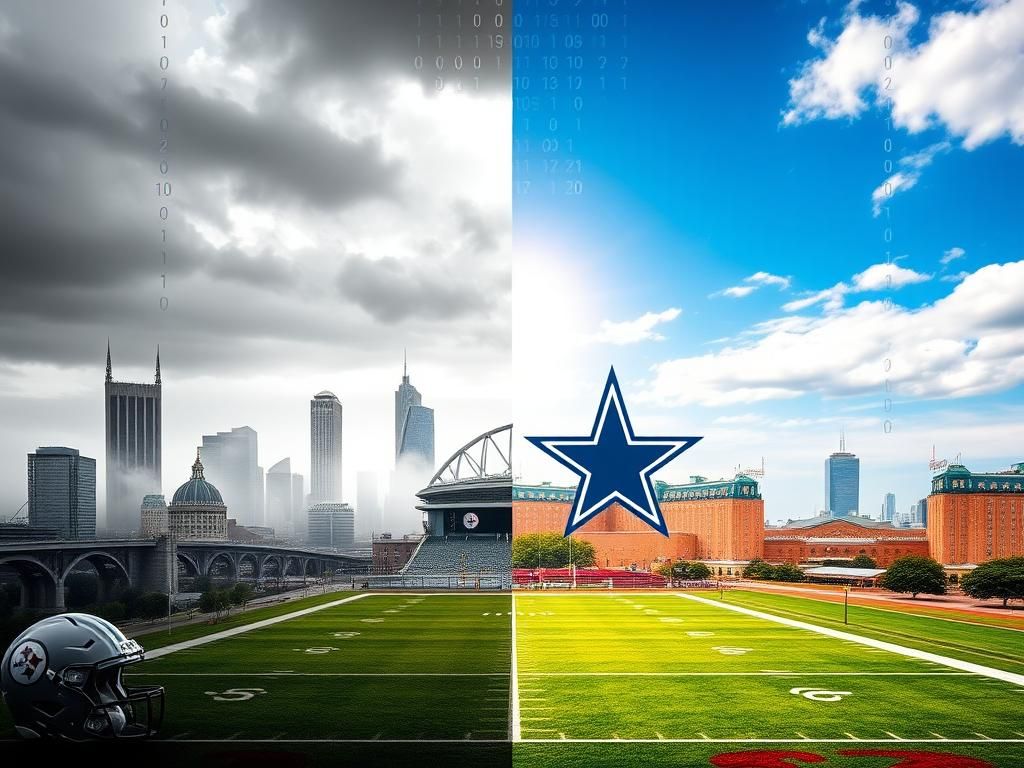 Flick International A split scene depicting the contrasting skylines of Pittsburgh and Dallas, symbolizing the rivalry between the Steelers and Cowboys.