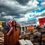 Flick International Town hall scene in Levittown, Pennsylvania with a podium and American flag