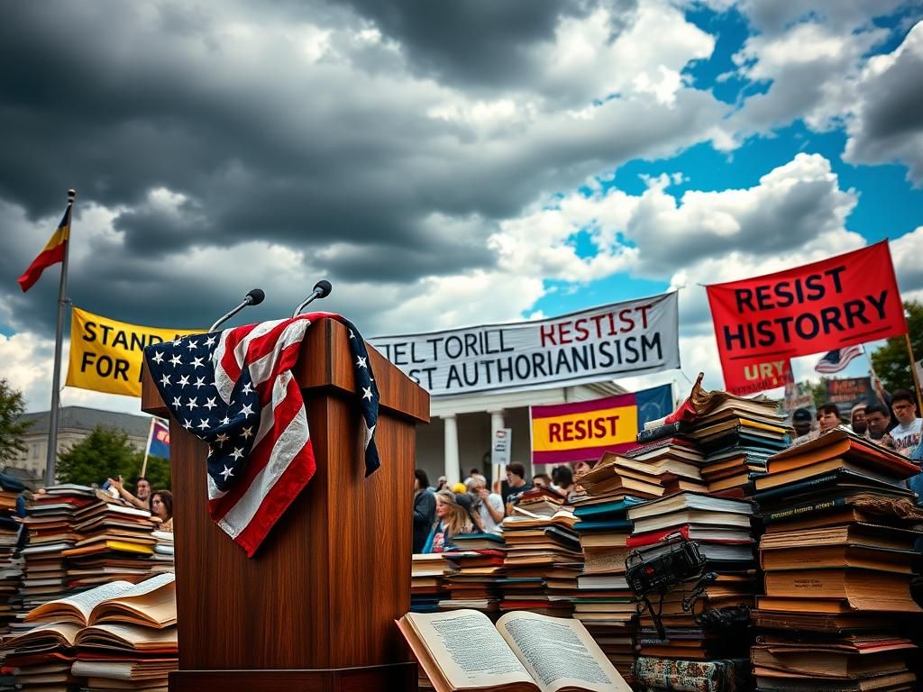 Flick International Town hall scene in Levittown, Pennsylvania with a podium and American flag