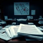 Flick International Darkly lit office with a large wooden desk cluttered with documents and federal subpoenas related to California's federal benefits investigation