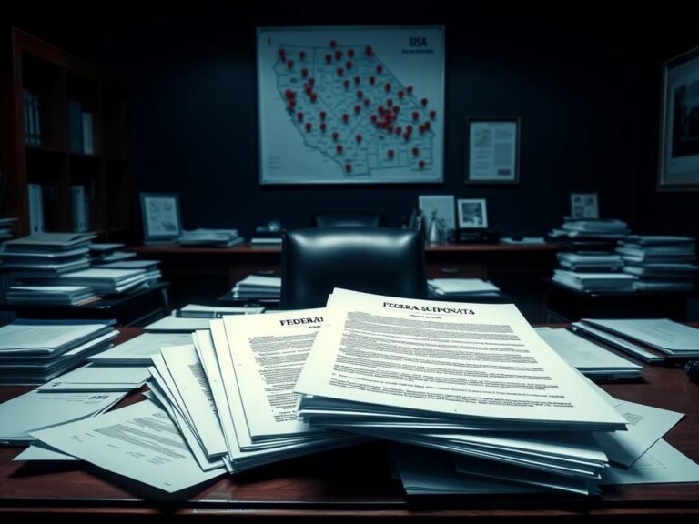 Flick International Darkly lit office with a large wooden desk cluttered with documents and federal subpoenas related to California's federal benefits investigation
