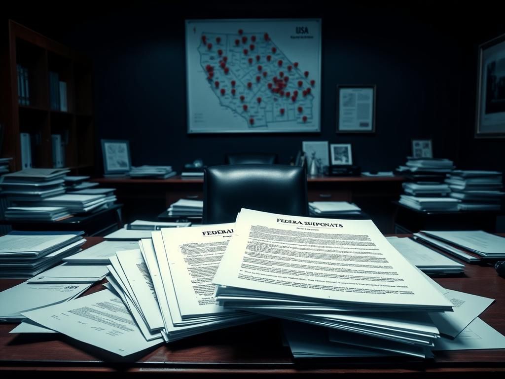 Flick International Darkly lit office with a large wooden desk cluttered with documents and federal subpoenas related to California's federal benefits investigation