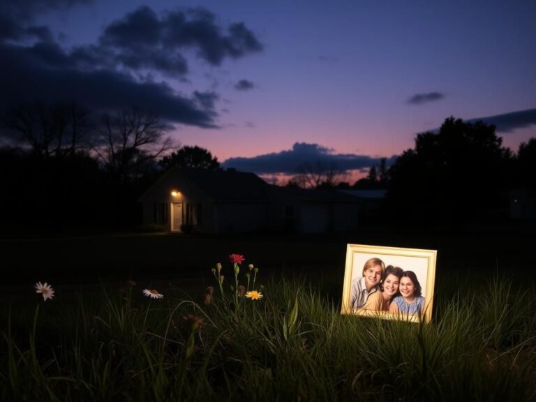 Flick International Empty rural home at dusk with family photograph and neglected garden