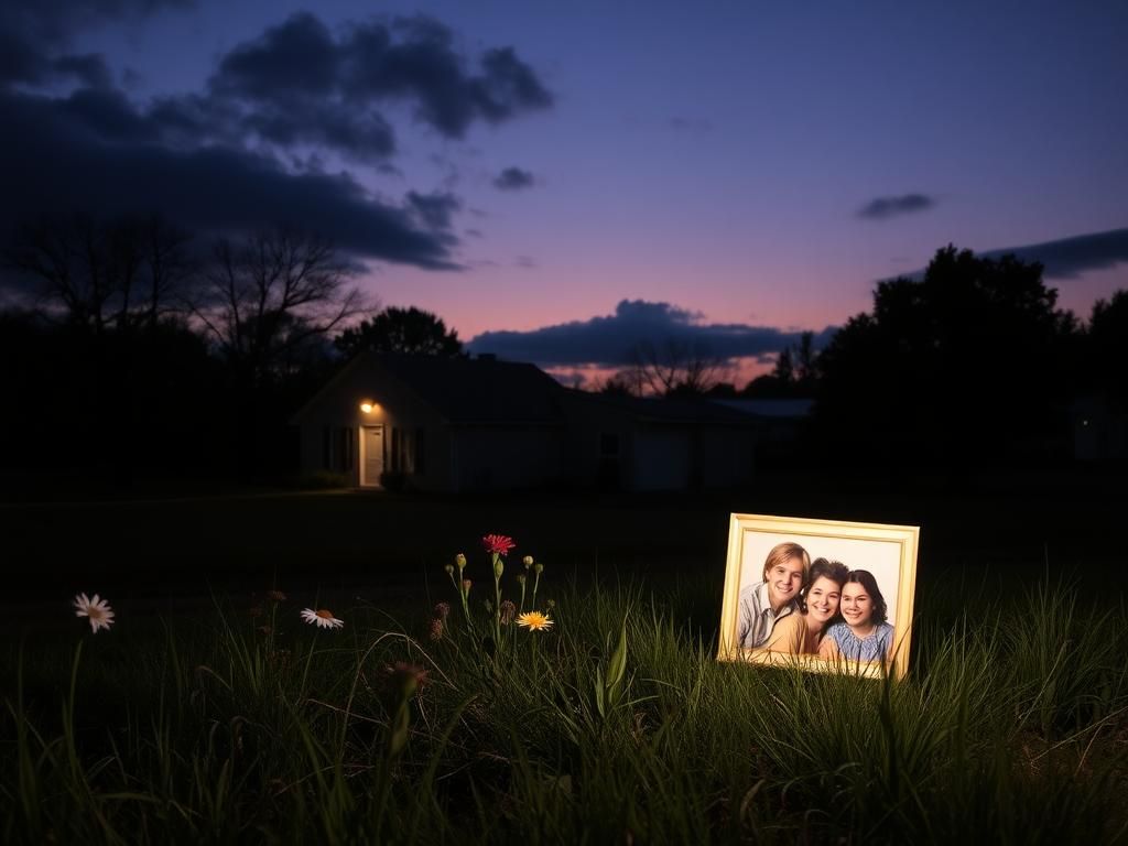 Flick International Empty rural home at dusk with family photograph and neglected garden