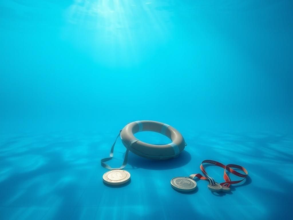 Flick International Serene underwater scene in a swimming pool with lifebuoy and shimmering medals