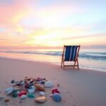 Flick International Colorful beach stones and seashells scattered on the sand by the serene sunset beach