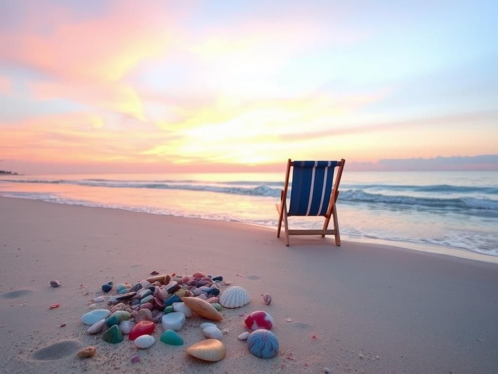 Flick International Colorful beach stones and seashells scattered on the sand by the serene sunset beach