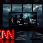 Flick International Dramatic newsroom scene featuring CNN logo and blurred political figures
