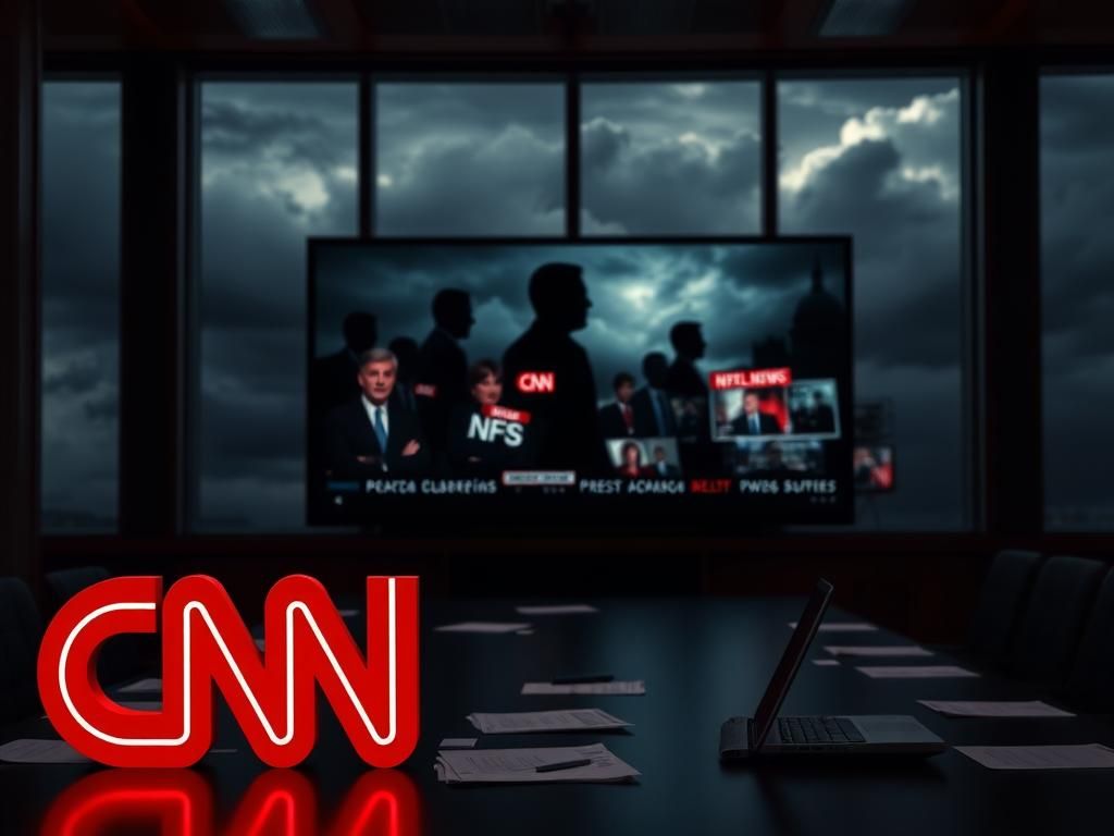 Flick International Dramatic newsroom scene featuring CNN logo and blurred political figures