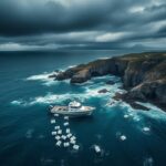 Flick International Aerial view of a rugged Australian coastline with drifting fishing boat and cocaine blocks