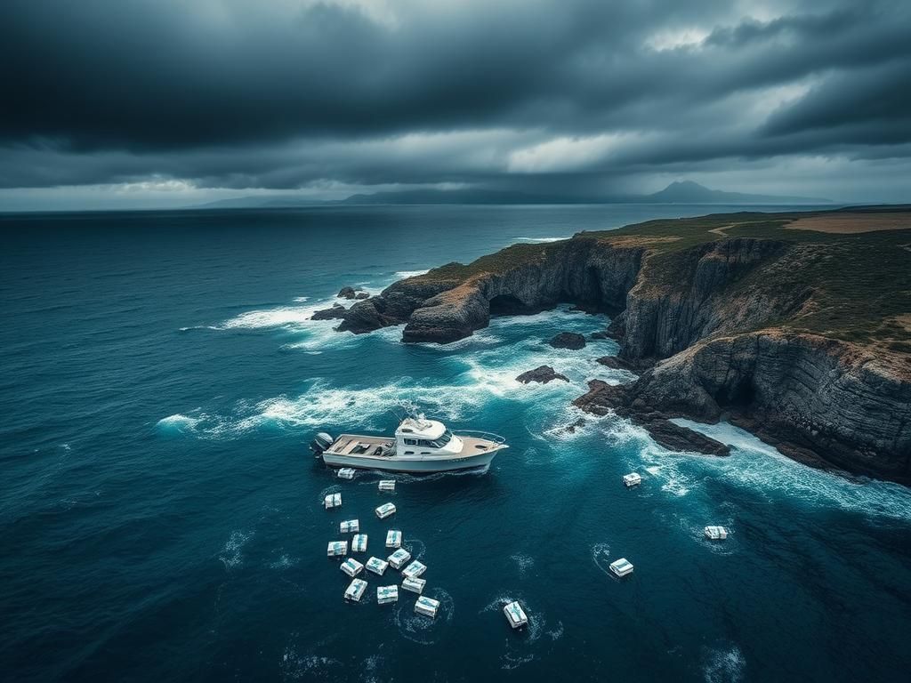 Flick International Aerial view of a rugged Australian coastline with drifting fishing boat and cocaine blocks