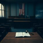 Flick International Somber courtroom interior with judge's bench and empty seats