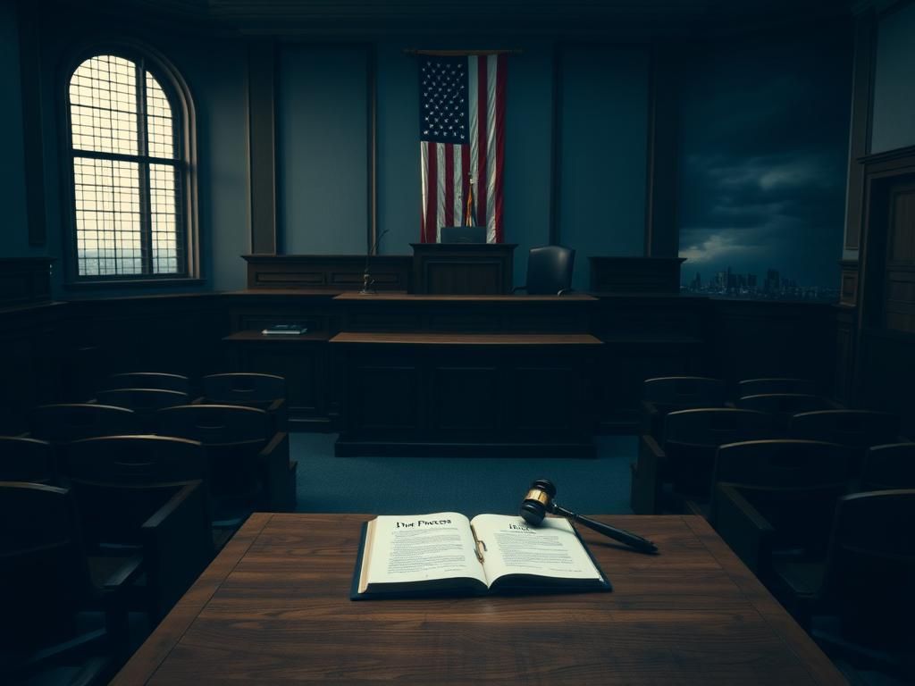 Flick International Somber courtroom interior with judge's bench and empty seats
