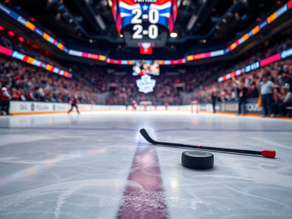 Flick International Close-up of a freshly frozen ice rink during a playoff hockey game with fans in the background