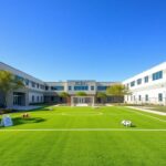 Flick International Modern ICE detention facility with a vibrant outdoor soccer field