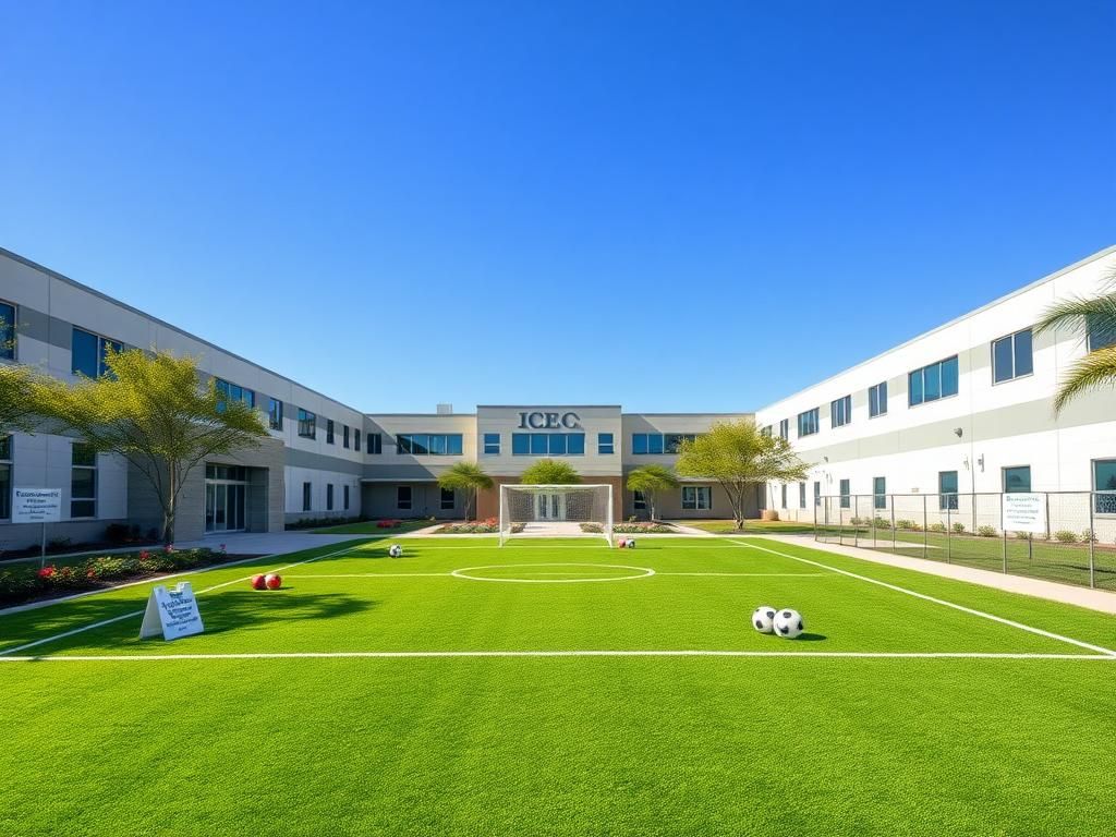Flick International Modern ICE detention facility with a vibrant outdoor soccer field
