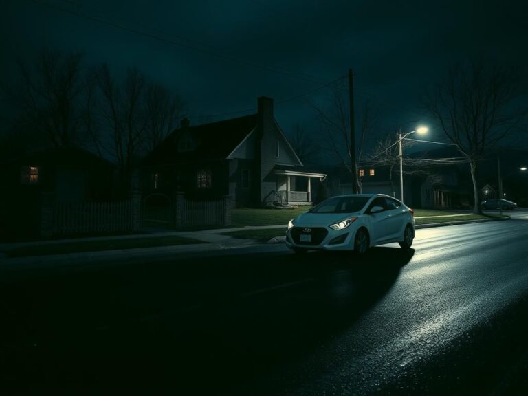 Flick International Dark streetscape in Moscow, Idaho with a white Hyundai Elantra parked during the night