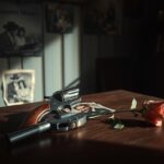Flick International A vintage revolver surrounded by torn photographs symbolizing betrayal and emotional conflict.