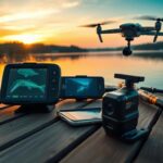 Flick International Close-up of high-tech fishing gadgets displayed on a wooden dock by a serene lake at sunrise