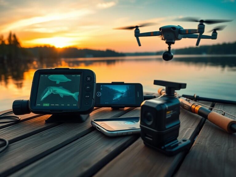 Flick International Close-up of high-tech fishing gadgets displayed on a wooden dock by a serene lake at sunrise