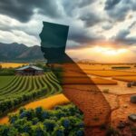 Flick International A dramatic landscape of California showcasing lush vineyards contrasting with drought-stricken land