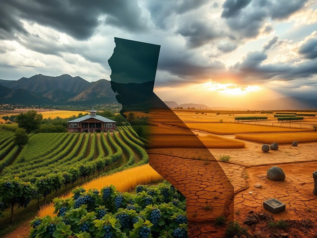 Flick International A dramatic landscape of California showcasing lush vineyards contrasting with drought-stricken land