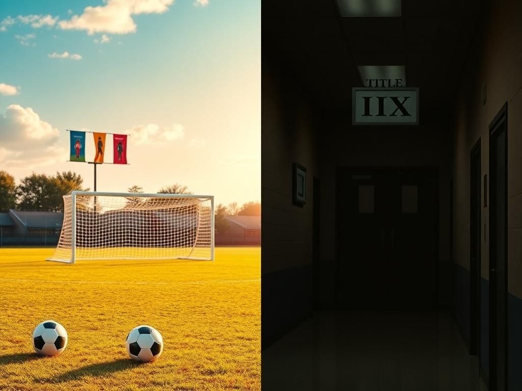 Flick International Split image showcasing contrasting themes of gender identity in sports and education
