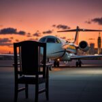 Flick International A sleek private jet at twilight on an upscale airport runway with New York City skyline in the background.